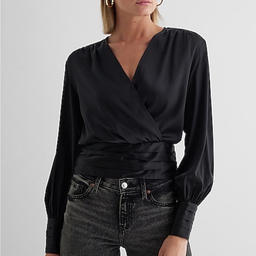 Satin V-Neck Balloon Sleeve Faux
Wrap Top